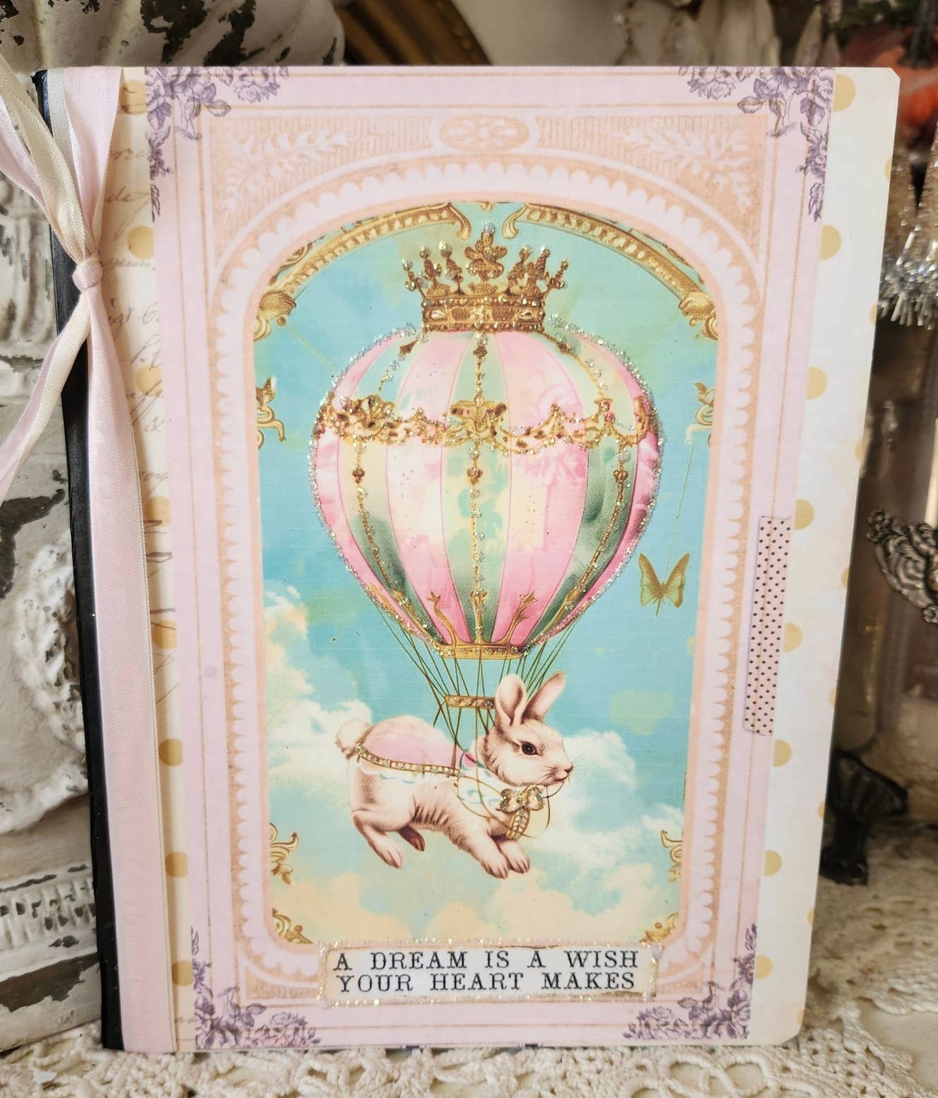 Little Heart Designs - Journal Notebook Bunny Hot Air Balloon Glitter