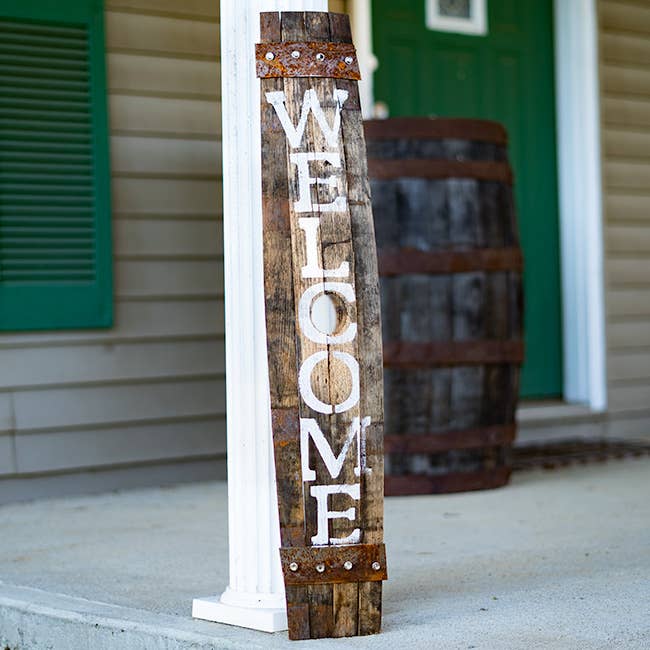 Le Menagerie- Amish-Made Whiskey Barrel Porch Sign, Welcome