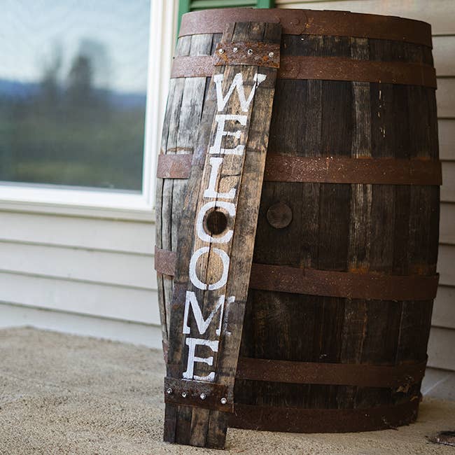 Le Menagerie- Amish-Made Whiskey Barrel Porch Sign, Welcome