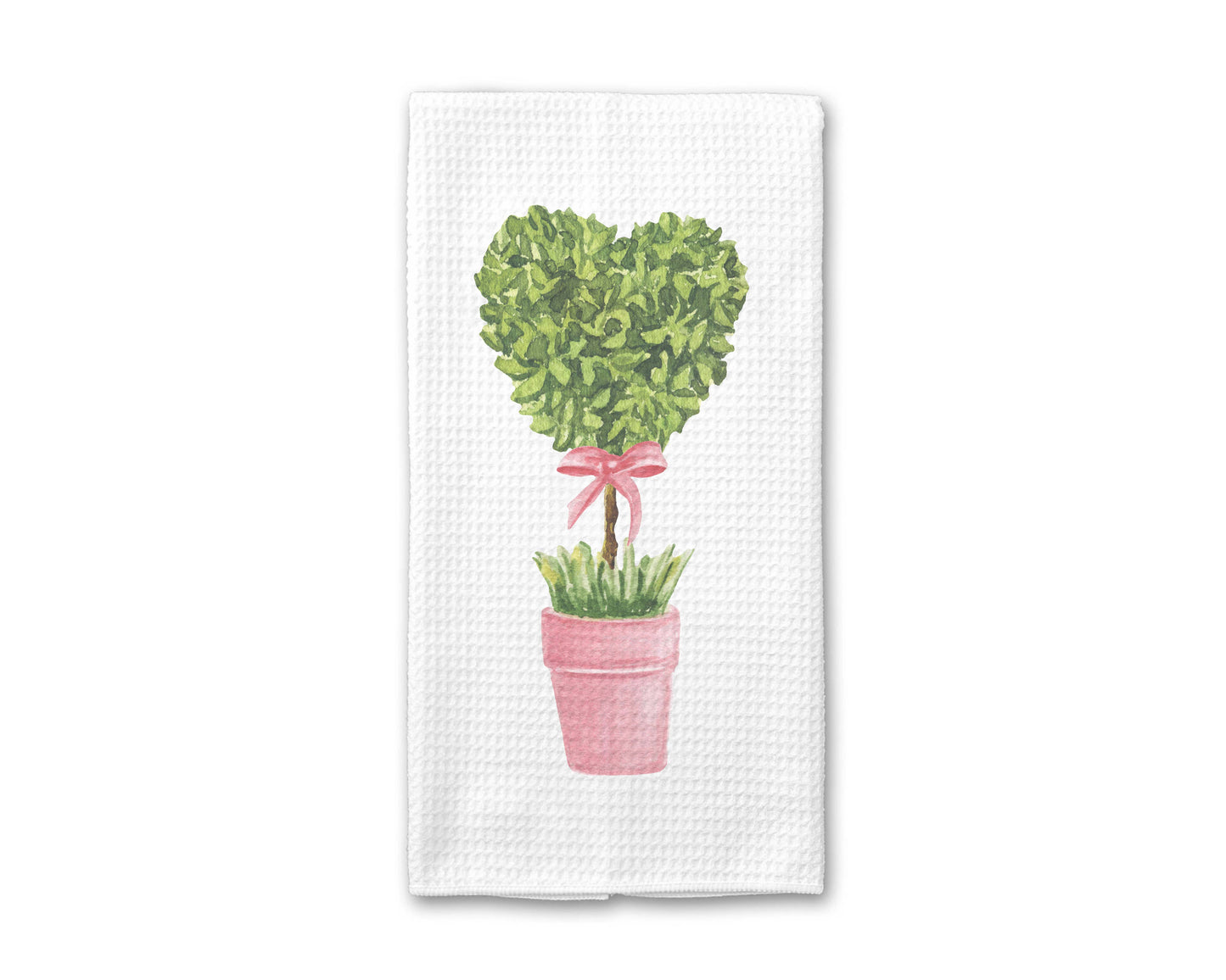 Le Menagerie - Heart Potted Tree Kitchen Towel, Valentines Wreath Towel