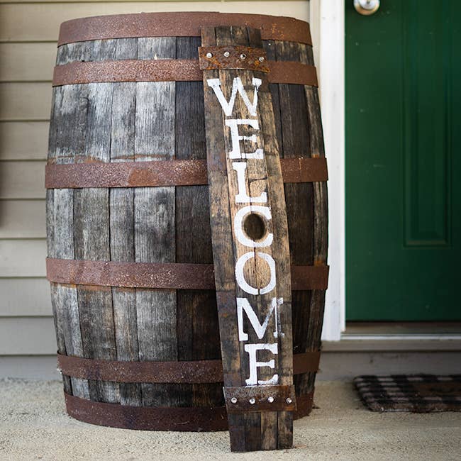 Le Menagerie- Amish-Made Whiskey Barrel Porch Sign, Welcome