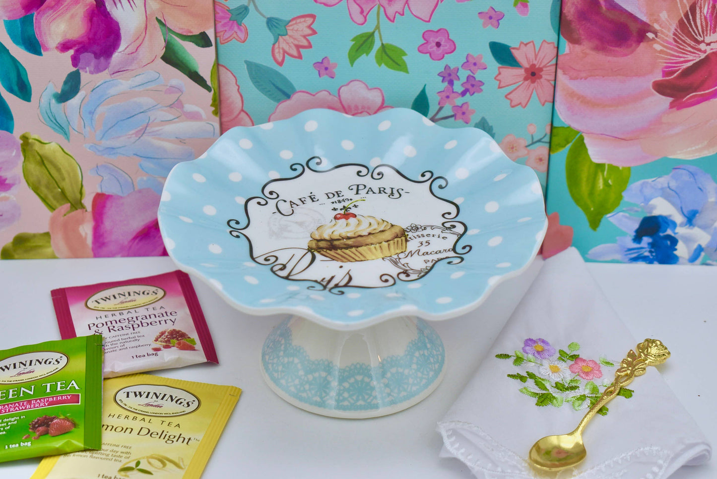 Le Menagerie - Cake Stand. French Blue Patisserie Cupcake Pedestal Plate