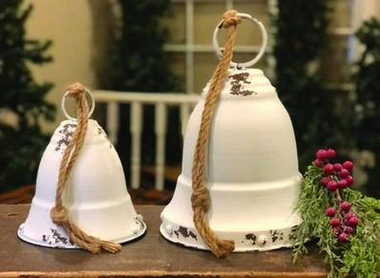 DNS Designs - White Distressed Metal Bell with Rope Hanger Large
