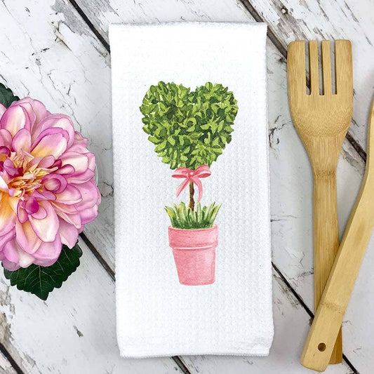 Le Menagerie - Heart Potted Tree Kitchen Towel, Valentines Wreath Towel