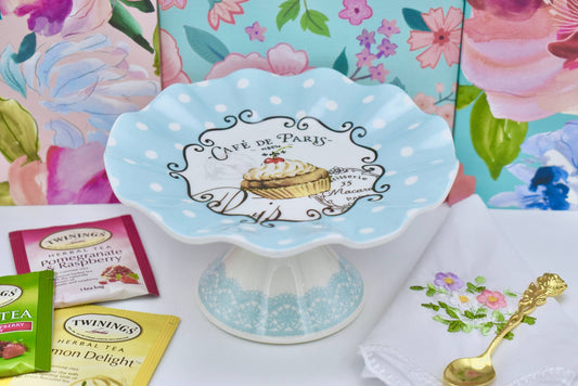 Le Menagerie  - Cake Stand. French Blue Patisserie Cupcake Pedestal Plate